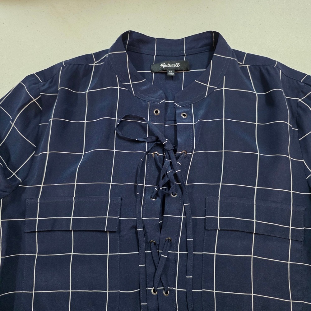 Madewell Navy Silk Windowpane Lace Up Blouse F5658 Womens XS Grid Long Sleeve - Picture 3 of 8